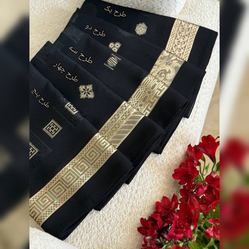 روسری مشکی حریردووره گل برجسته ترک وارداتی